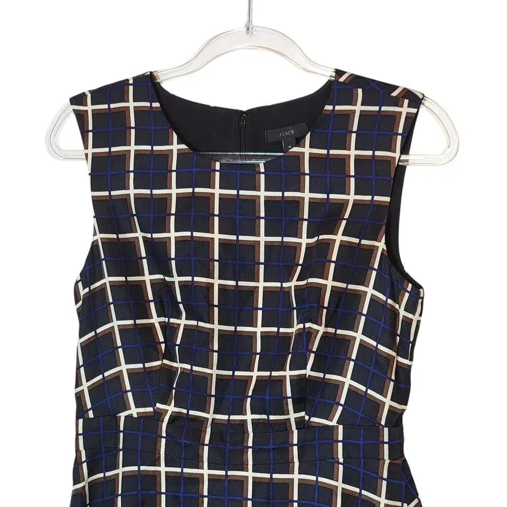 J.Crew Silk Windowpane A-Line Midi Dress Black Tan Navy Jewel Neck Classic 4 NWT